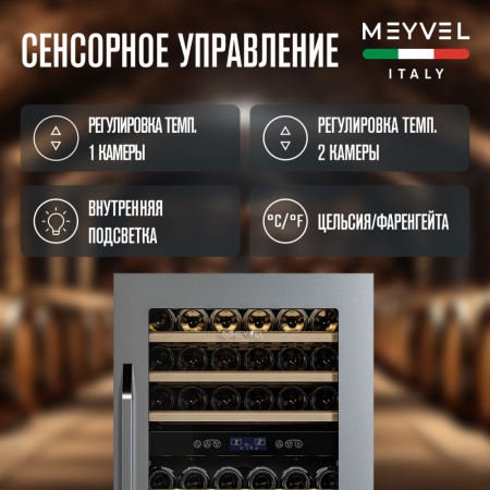 Винный шкаф Meyvel MV42-KSB2 двухзонный встраиваемый в колонну